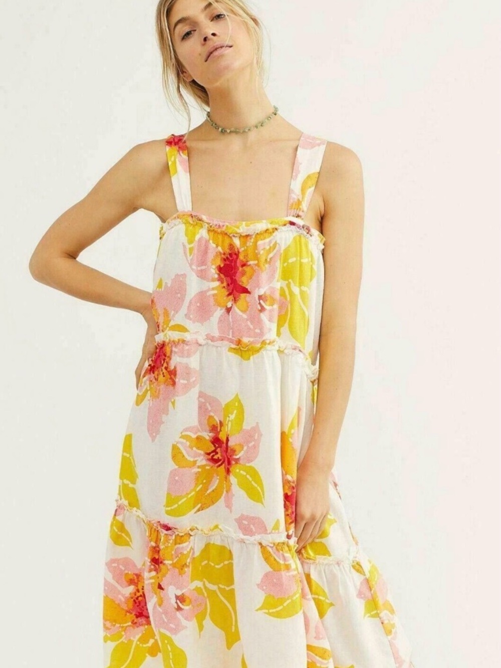 Free People Moonshine Linen Blend Sundress Floral Tiered Women's XS Yellow - Picture 3 of 9
